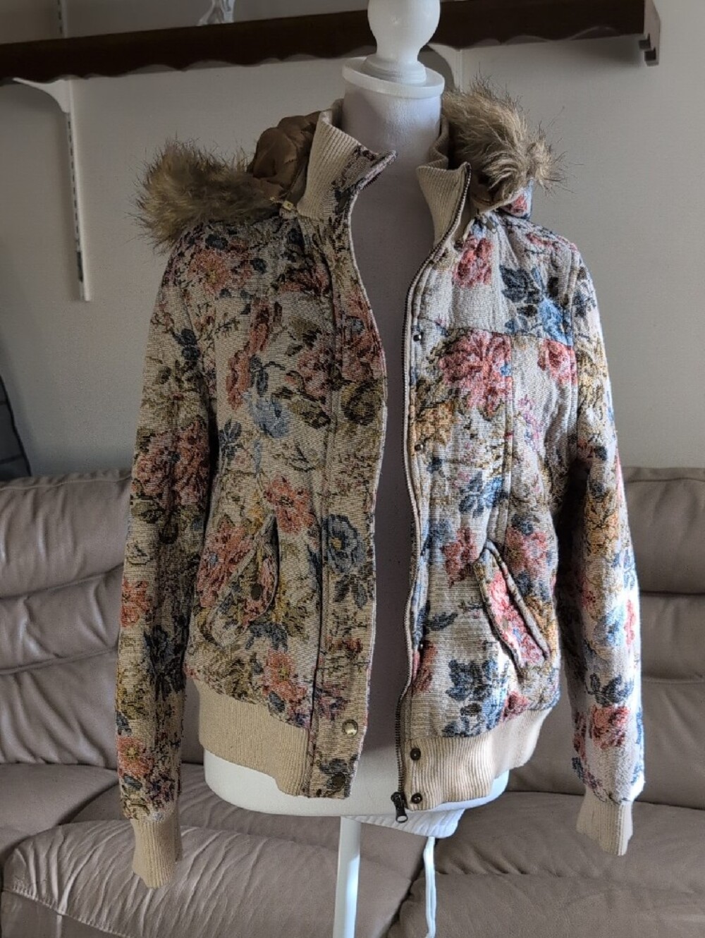 Bellfield Floral Bouclé Bomber Jacket with Faux-Fur Hood - Beige Multi Size L